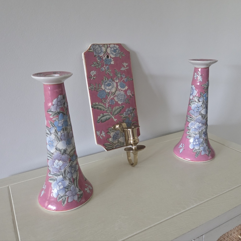 Vintage Dynasty by Heygill Macau 3-Pc Hand-Painted Porcelain Candle Holder Set